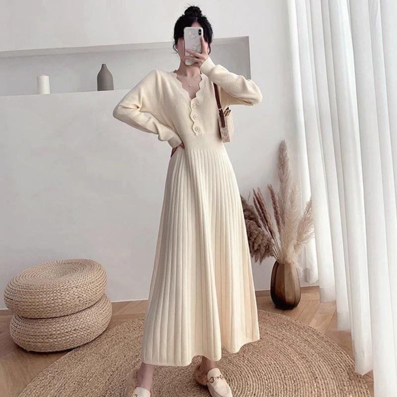 Womens V-Neck Long Sleeve Knit Midi Dress A-Line Slim Fit Solid Color Winter Layering