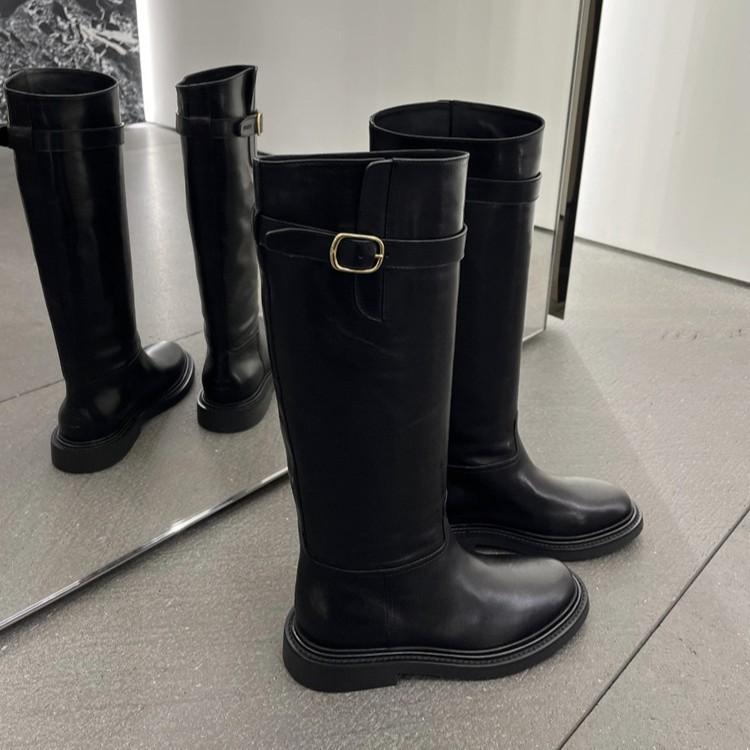 Версия из коровьей кожи~ 2025 новые ретро кожаные ботинки на толстом каблуке с металлической пряжкой женские маленькие, но с рукавом до колена женские ботинки