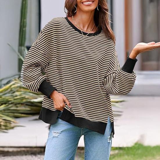 Women Striped Oversized Sweatshirt Long Sleeve Crewneck T-Shirt Split Hem Waffle Knitted Tunic Top Casual Fall Sweater