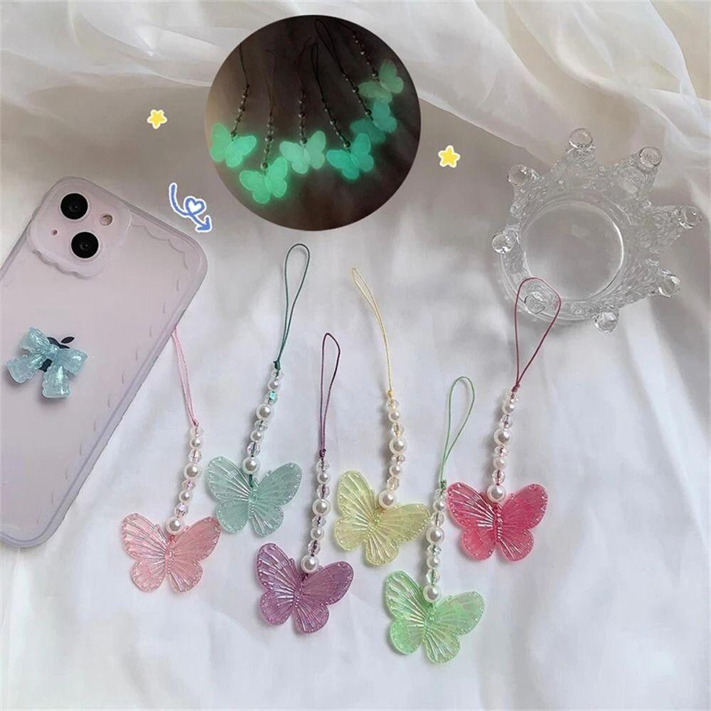 Подвеска на цепочку для телефона, ремешок на руку, светящаяся бабочка, ремешок для мобильного телефона