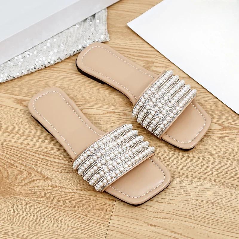 Плоские шлепанцы для женщин, модные женские сандалии с бисером, летние женские тапочки конфетных цветов