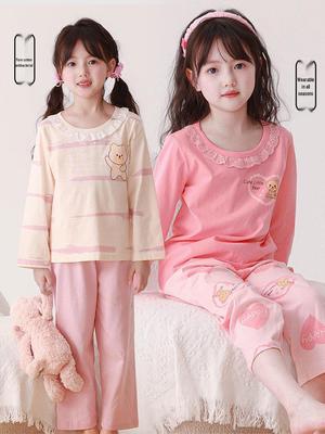Комплект пижамы из чистого хлопка для девочек на весну/лето 2025: Комплект с длинным рукавом и брюками для больших детей, домашняя одежда для маленькой девочки