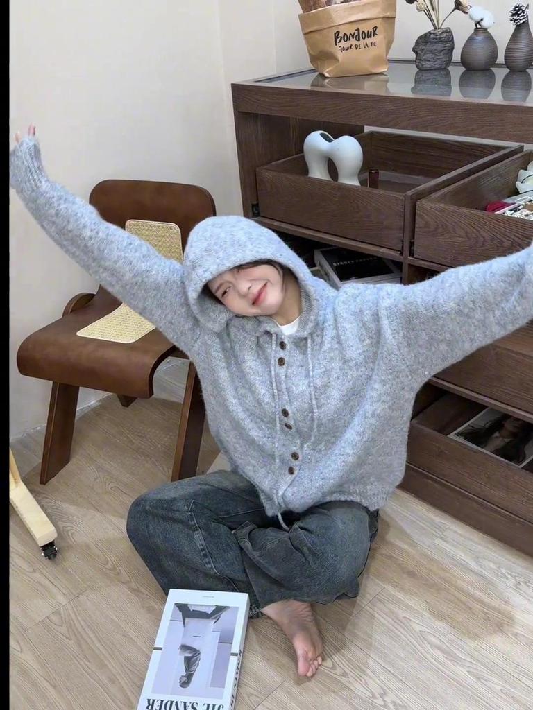 Women's Korean Style Thick Hooded Cardigan - Loose, Soft Knit for Autumn/Winter