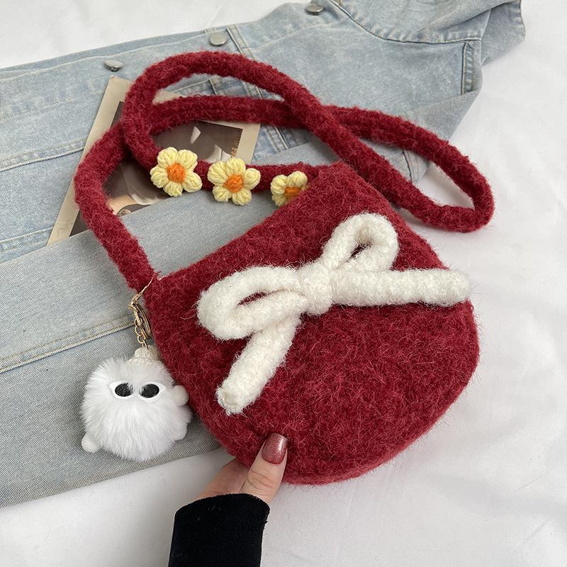 Macaron Plush Oval Cute 2025 Autumn New Bag Small Crossbody Shoulder Backpack Bow Mobile Phone Bag