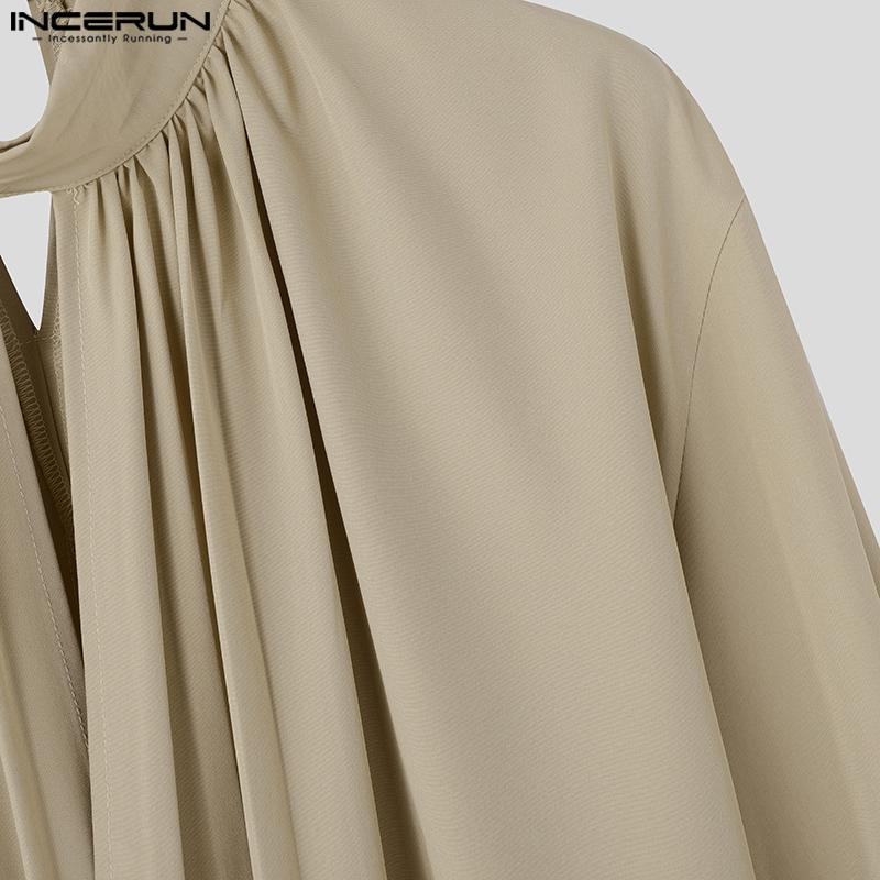 INCERUN Мужские рубашки с длинным рукавом и глубоким V-образным вырезом, оборками, повседневные свободные топы