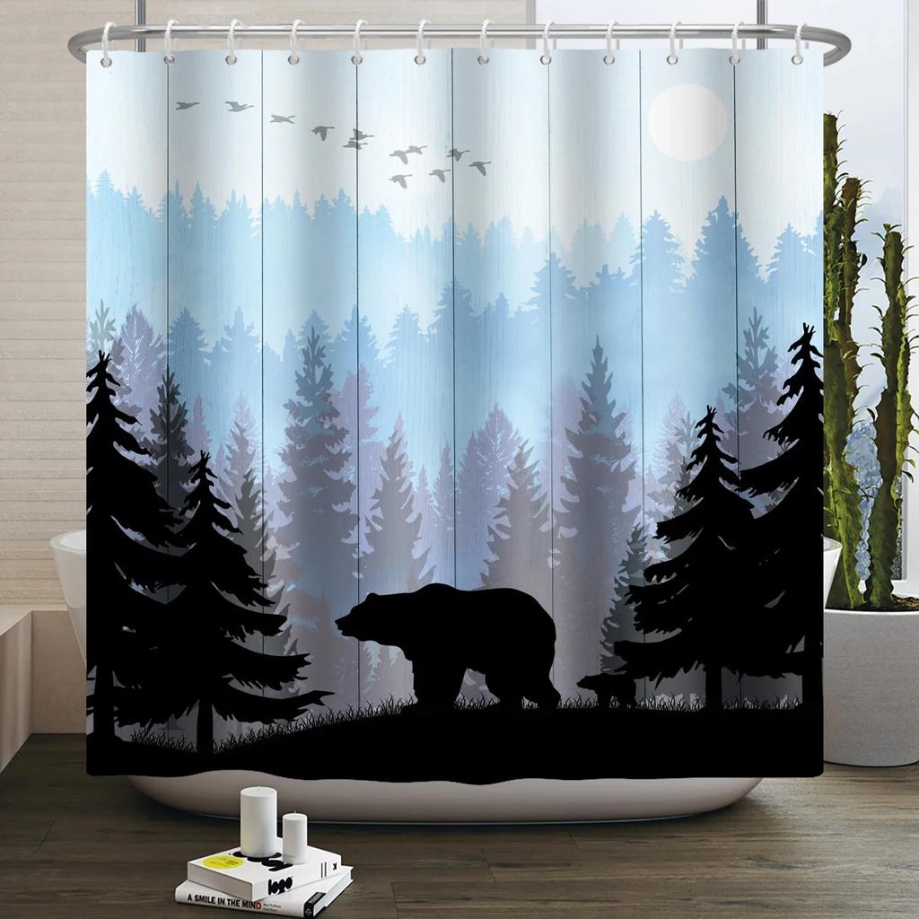 Шторка для душа Лесные животные джунгли Деревья Растения Дикая природа Птица Медведь Лось Лиса Олень Олень Современный Минималистичный Детская Ванная Шторка для душа