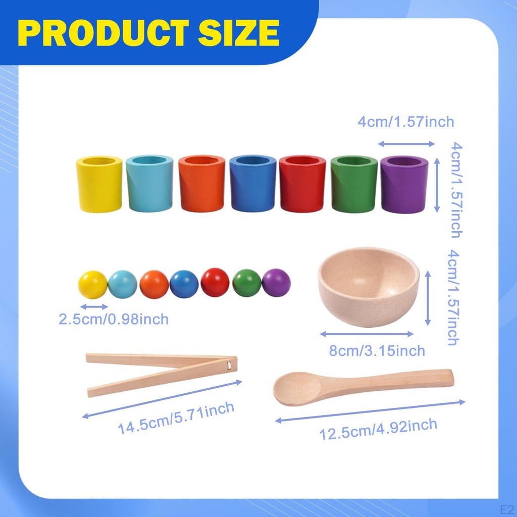 Color Sorting Toys Rainbow Balls In Cups with Tongs and Spoon for Kids Fun Learning Activities