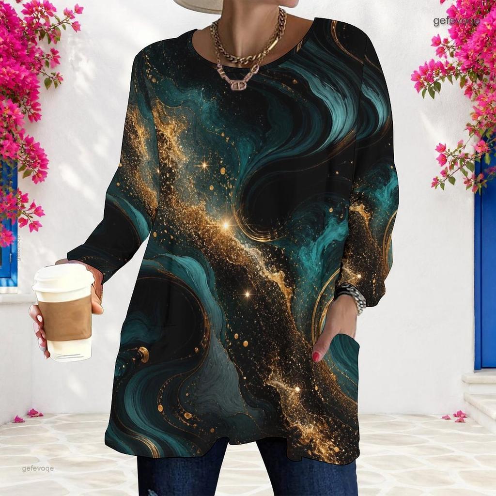 Women Plus Size Round Neck Long Sleeve Abstract Printed Red Black Loose Longline T Shirt With Pockets
