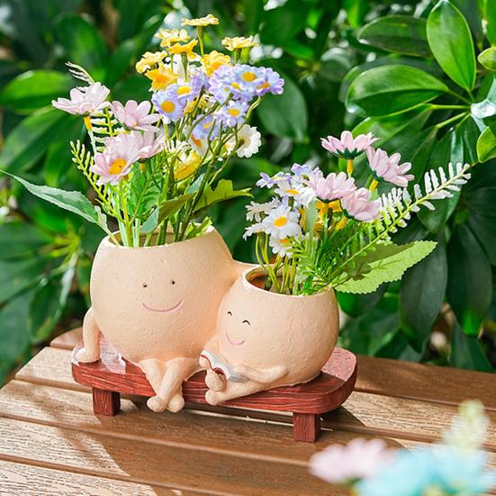 Горшок для цветов с изображением улыбающегося лица, смоляной, с изображением головы дамы, с изображением лица девушки, цветочный горшок с двумя головками, суккулентный горшок с дренажным отверстием для домашнего офиса, балкона