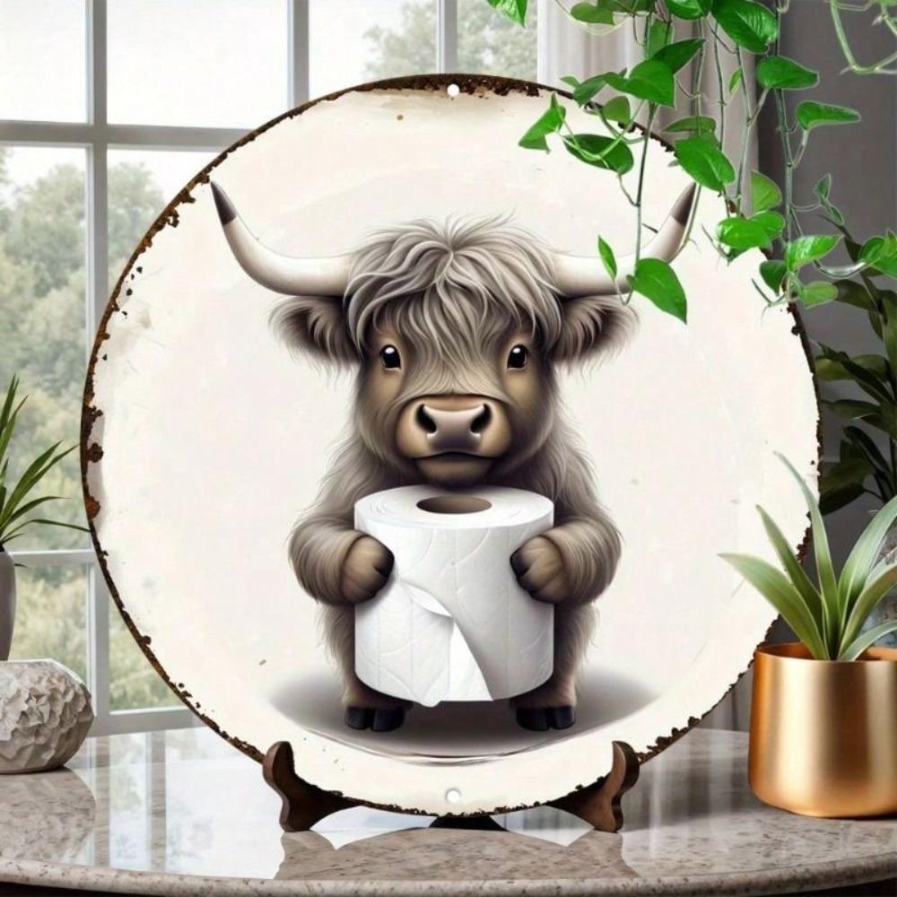 Round Metal Tin Sign Cow Bathroom Tissue Holder Country Farmhouse Decor