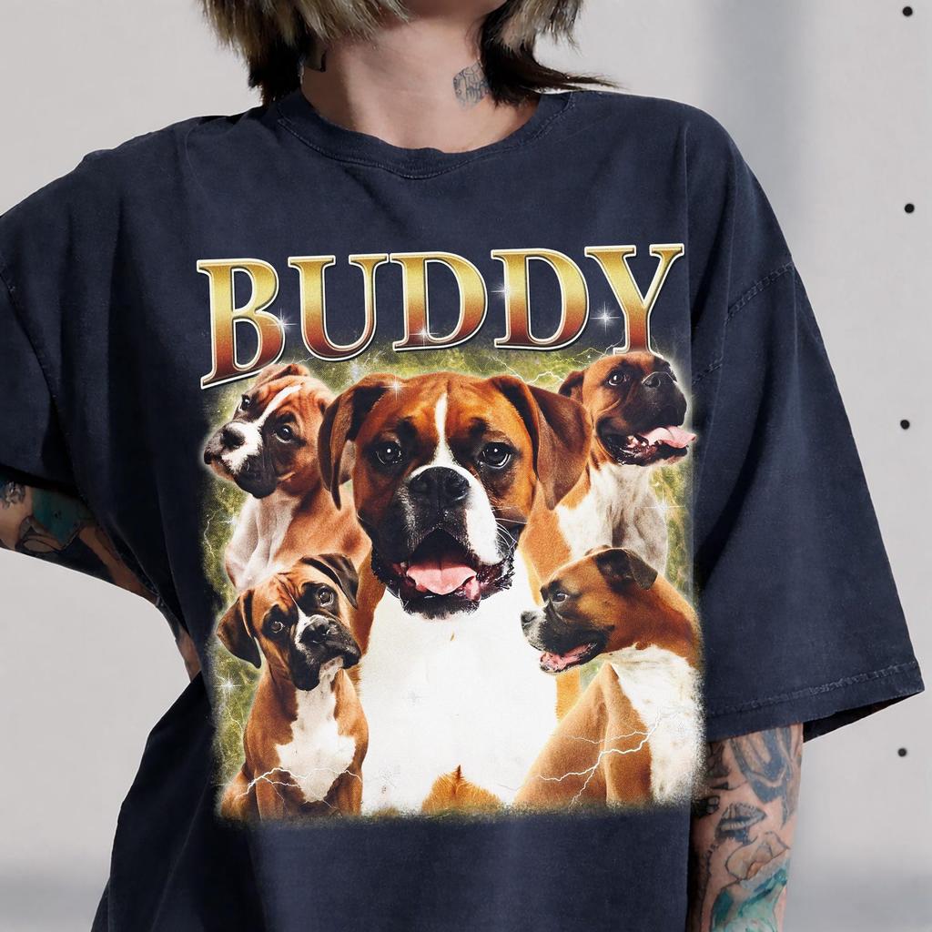 Custom Boxer Dog Bootleg Shirt, Personalized Dog Name Tee, Vintage Pet Photo Shirt, Dog Lover Shirt, Pet Face Tee, Dog Mom Gift