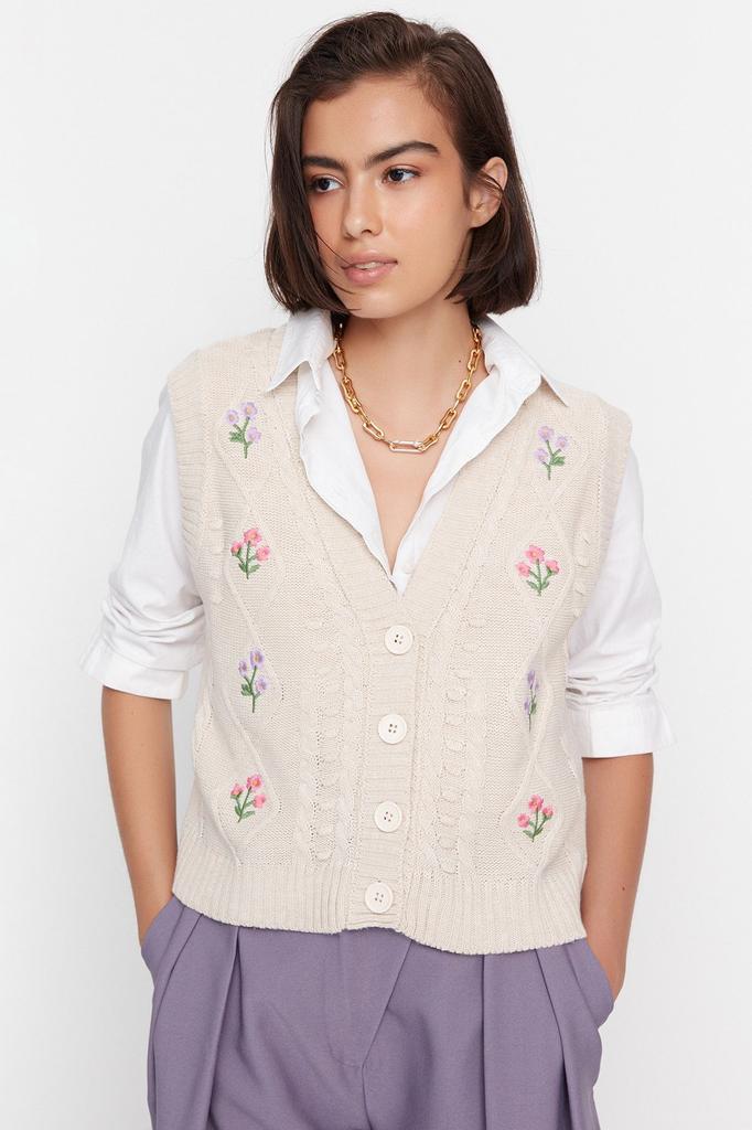 Women's Elegance Style Sweater Stone Flower Embroidery Detailed Knitwear Vest