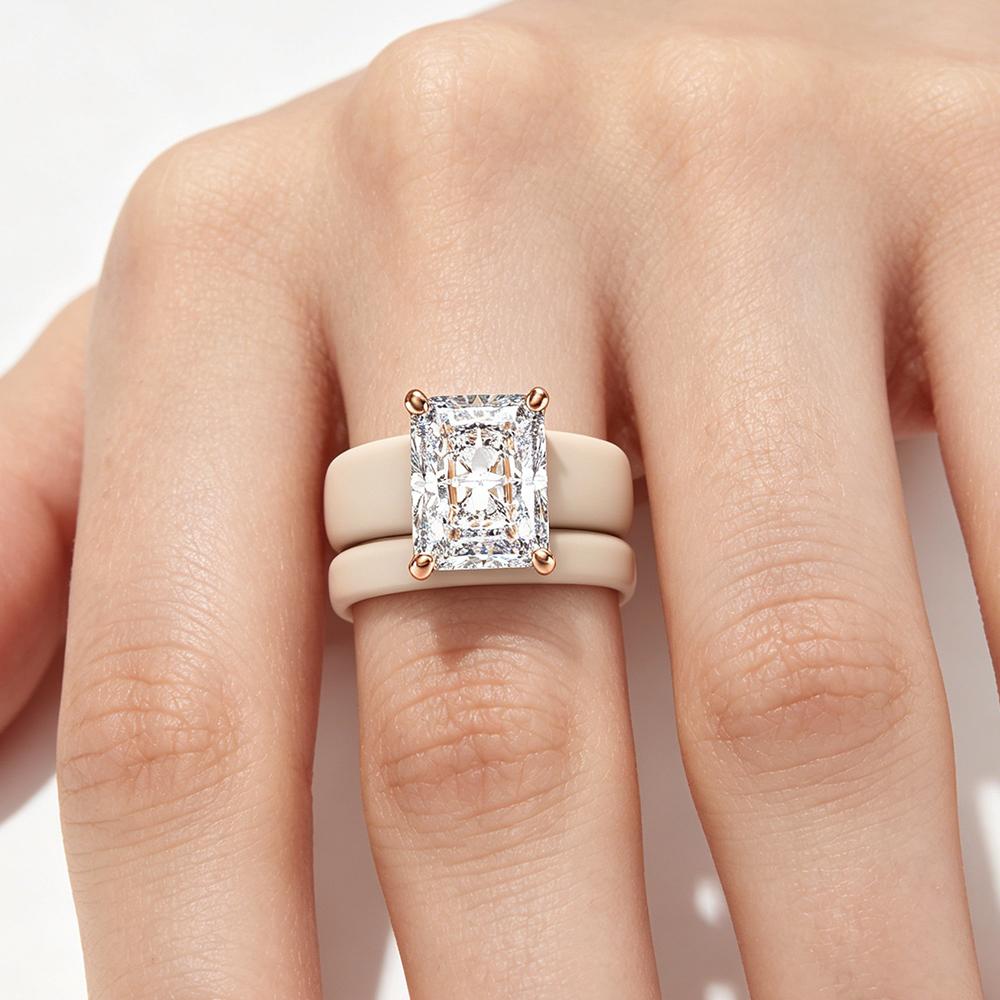 Новый тренд Белое керамическое кольцо с розовым золотом, Большое кольцо-солитер с бриллиантом кубического циркония огранки Radiant, Модное женское statement-украшение для