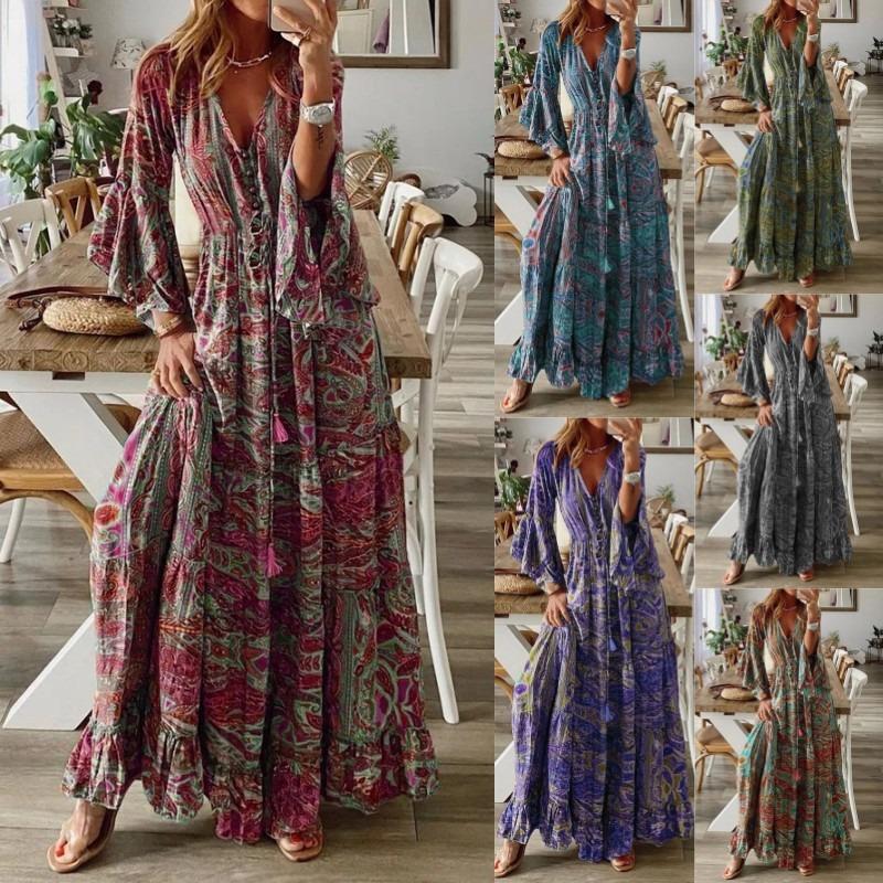 Trumpet Sleeve Printed V-neck High Waisted Vacation Dress with Floral Detailing for Women Casual Dresses