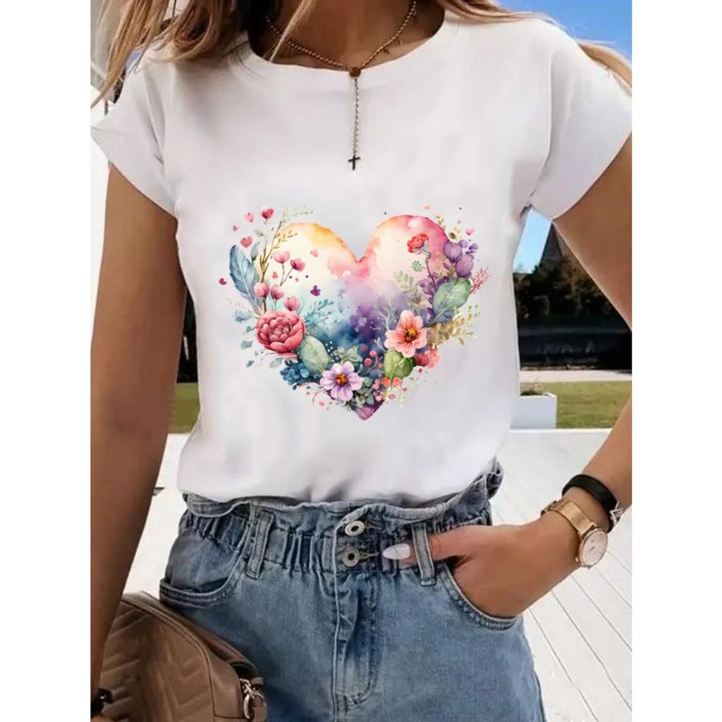 Floral Sweet and Cute Fashion Printing Women's O-neck Clothes T-shirt Short-sleeved Casual Daily Top