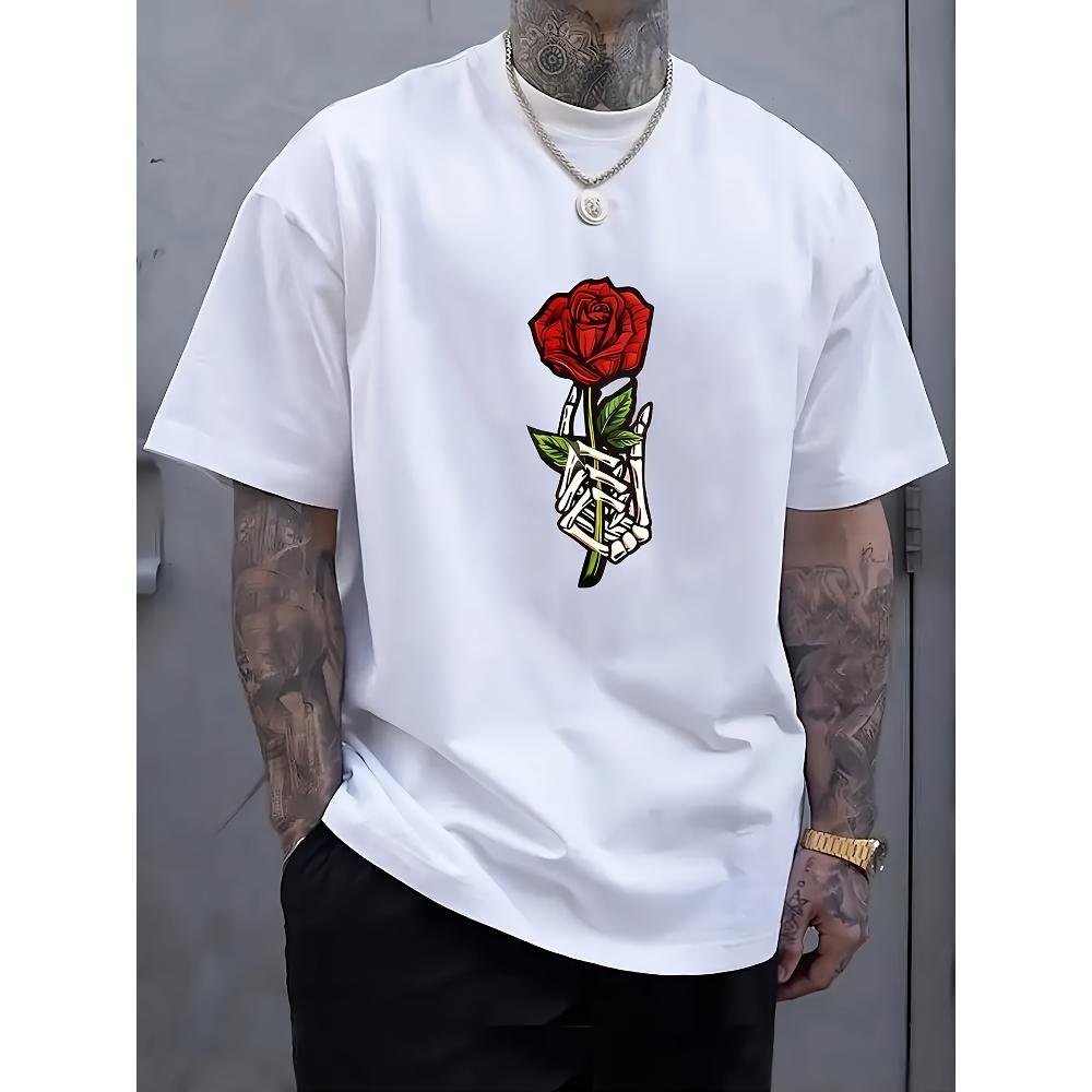 Skeleton Hand Rose T-Shirt,Soft Breathable & Fade-Resistant, Classic Fit for Daily Casual Wear