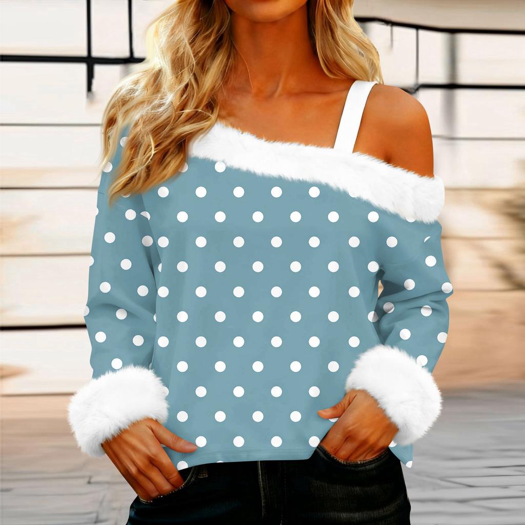 Women's Off-the-shoulder Plush Neck Printed Long-sleeved Pullover T-shirt Top