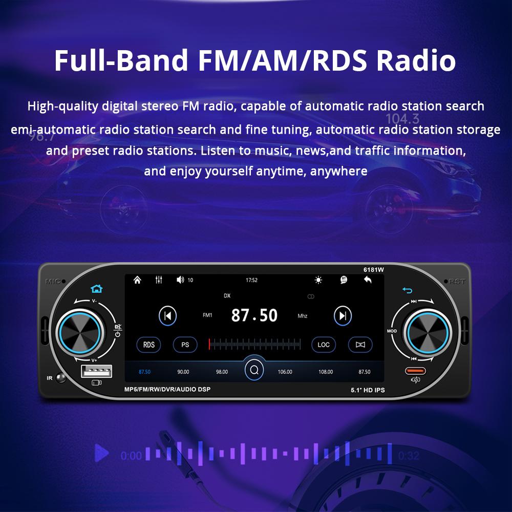 Универсальная 1DIN автомагнитола MP5 IPS HD Плеер с поддержкой беспроводного Carplay Android Auto Bluetooth FM AM RDS Стерео USB WIFI Видеоплеер 5,1-дюймовый цифровой дисплей