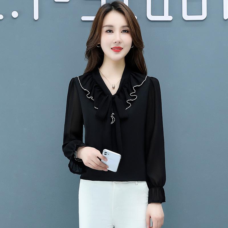 Женские весенне-осенние корейские черно-белые топы, женские офисные топы с длинными рукавами и воротником-бабочкой, шифоновая блузка