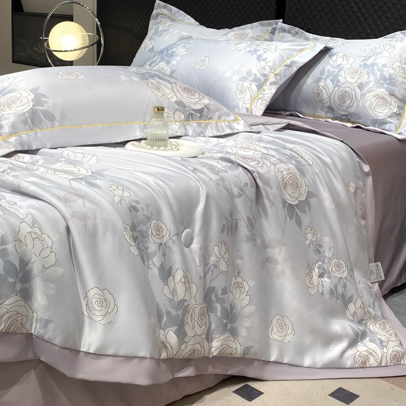 Summer Cool Tencel Quilt Set 4 Piece Includes Summer Blanket Bed Sheet Two Pillowcases Silk Lightweight Quilt For Double Twin Size