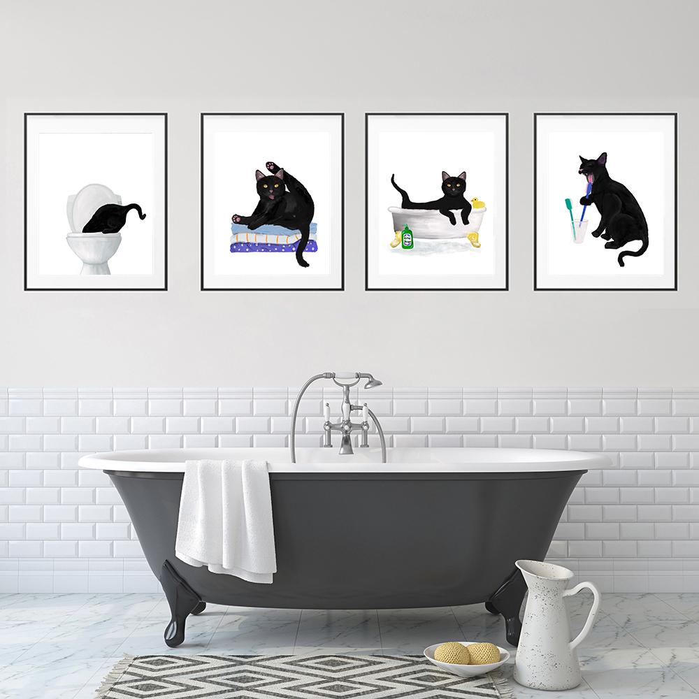 Набор из 6 черных кошек, подарок для любовника, ванная комната, ванна, настенный художественный декор, забавная щетка для домашних животных, зубы, холст, картина для туалета, дома, печать плакатов