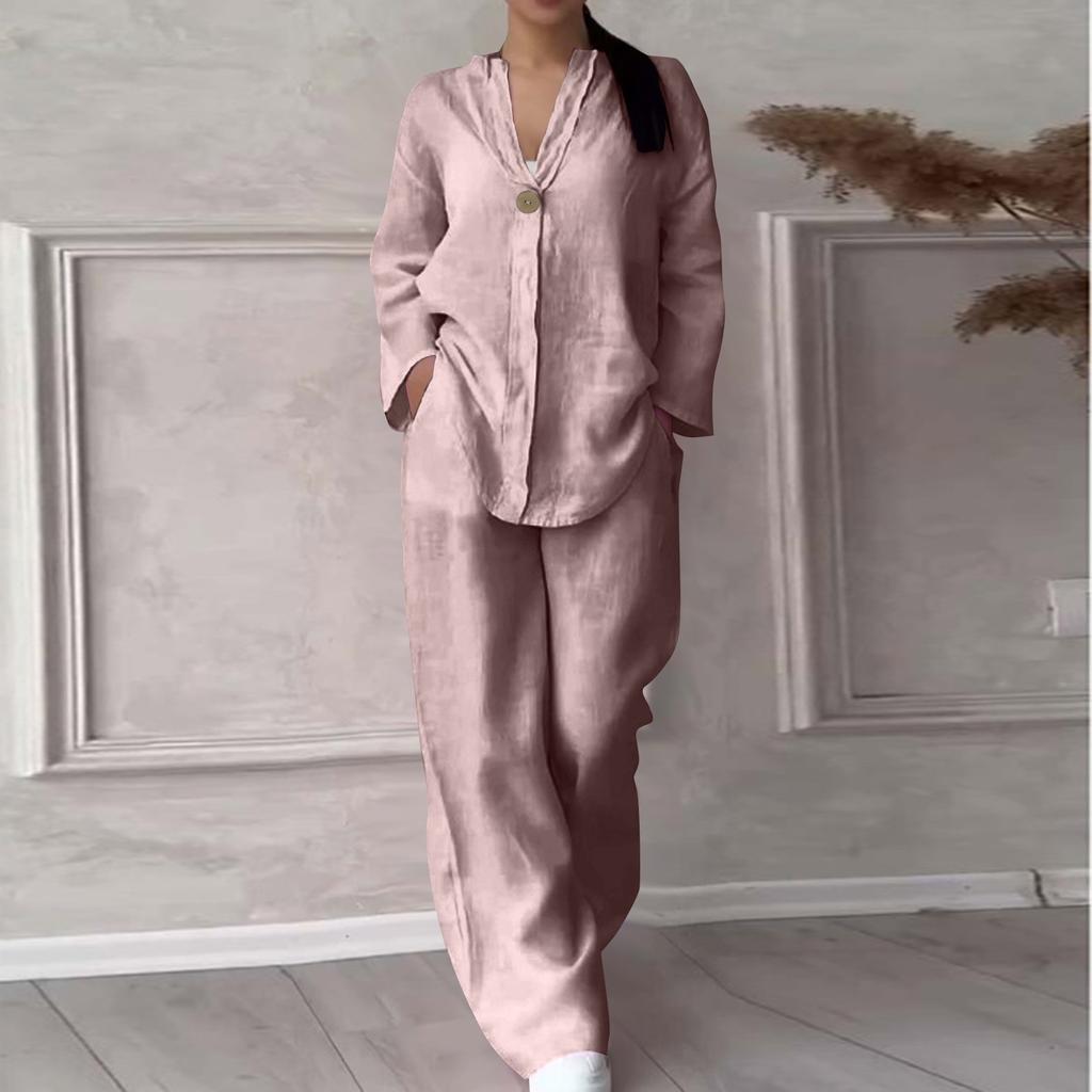 Женский пуловер с круглым вырезом и v-образным вырезом, повседневные длинные брюки из хлопка и льна с длинными рукавами, модный костюм