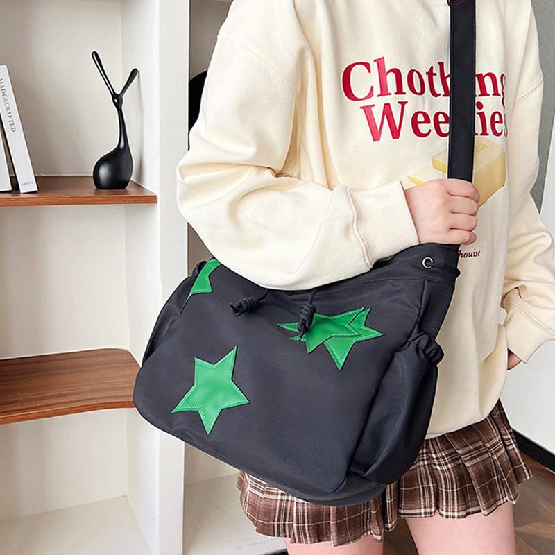 Women Star Nylon Shoulder Bag Drawstring Crossbody Bag Large Capacity Casual Satchel Student Travel Bag