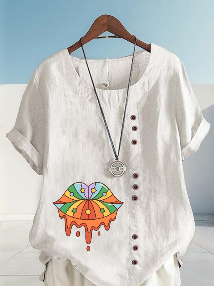 Women's Fashion Colorful Lips Printing Shot Sleeve T-shirt Loose Cotton Shirt Casual Loose Summer Blouse Tops Plus Size