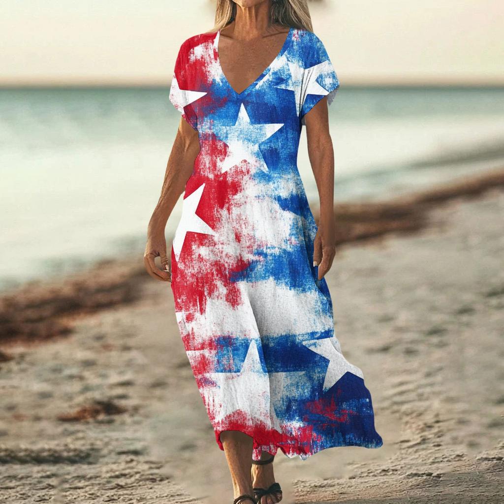 Flag Dress for Women 4Th Of July Dresses for Women Patriotic Dress Usa Dress with Star Print Loose Fit Summer Style