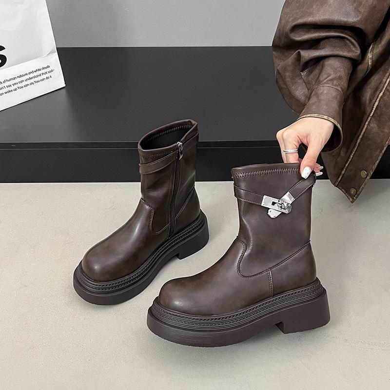 Платформа на толстом каблуке, женские ботфорты в корейском стиле, новые осенне-зимние ботинки Мартина с круглым носком и высоким каблуком 2025