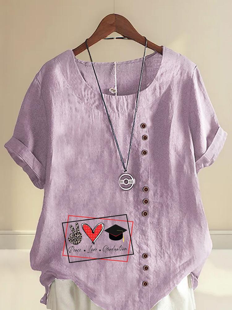 Women's Fashion Love Print Shot Sleeve T-shirt Loose Cotton Shirt Casual Loose Summer Blouse Tops Plus Size