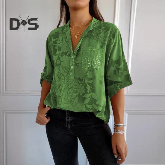 Женская летняя рубашка с v-образным вырезом и лацканами, пуловер с половиной рукавов, топы с принтом, пуговицы, половина планки, пайетки, накладной карман, свободная рубашка