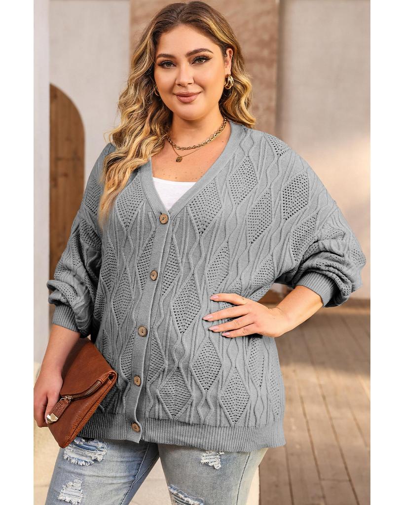 Azura Exchange Gray Plus Size Knitted Hollow Out Button Up Cardigan