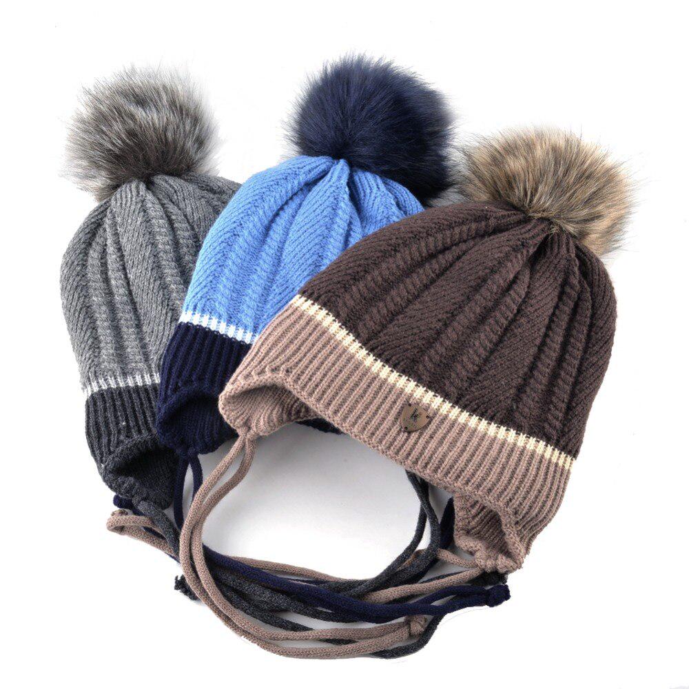 Warm Children Hat Scarf Set Winter Thick Knitted Faux Fur Pompom Beanie Boys Knit Kids Baby Hats Set