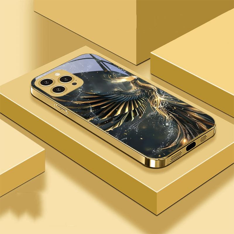 Золотой Феникс Раскрывающийся Для iPhone 16 Pro Max 15 P Ro 14 13 Plus 12 Mini 11Pro Max XS Max XR Золотой Чехол для Телефона из Закаленного Стекла