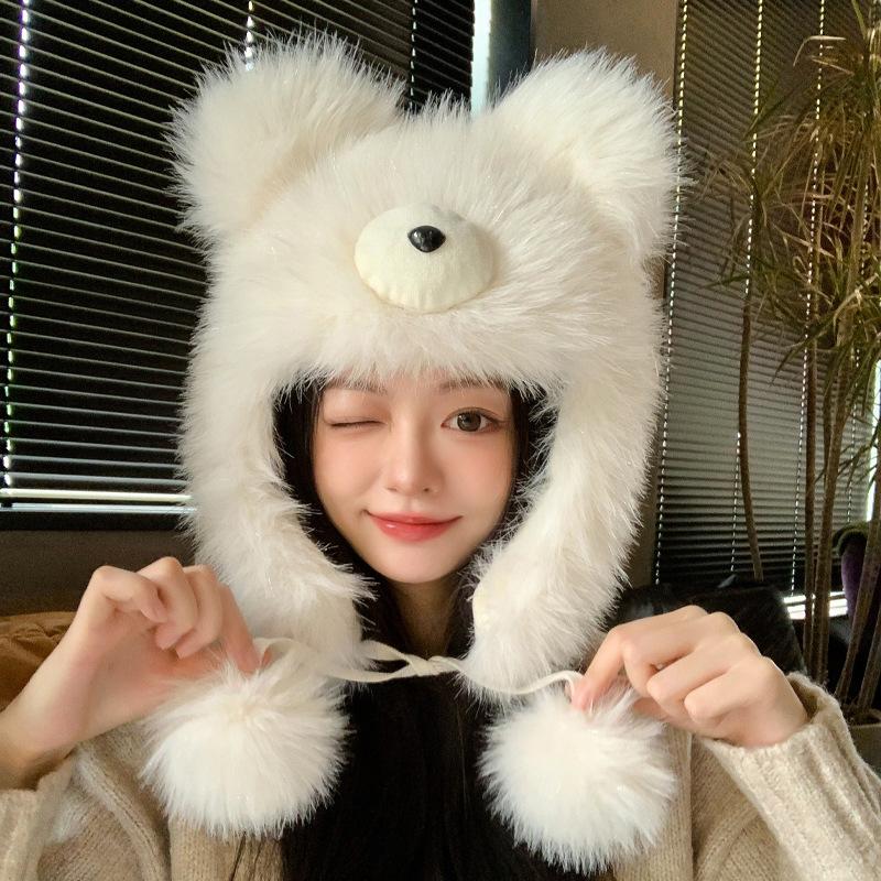 Милая плюшевая шапка-медведь женская зимняя утолщенная теплая универсальная шапка-пуловер показывает маленькое лицо и защищает уши от холода