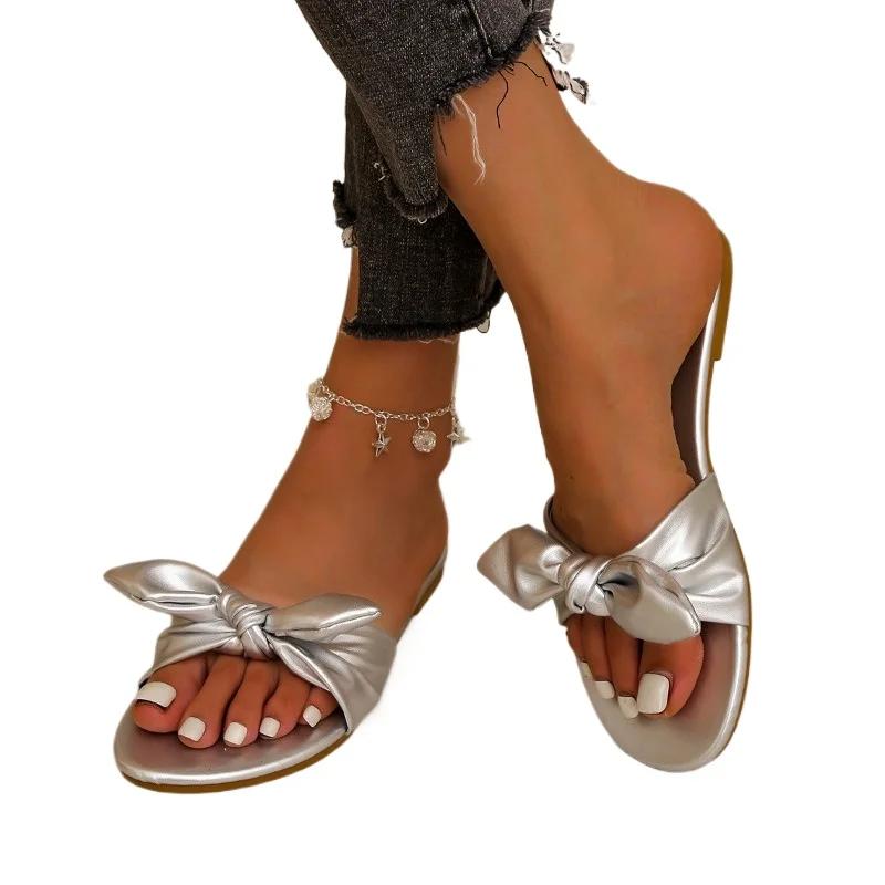 Модная обувь для женщин 2024 года, горячая распродажа, женские тапочки с открытым носком, летние однотонные повседневные пляжные тапочки на плоской подошве, удобные тапочки