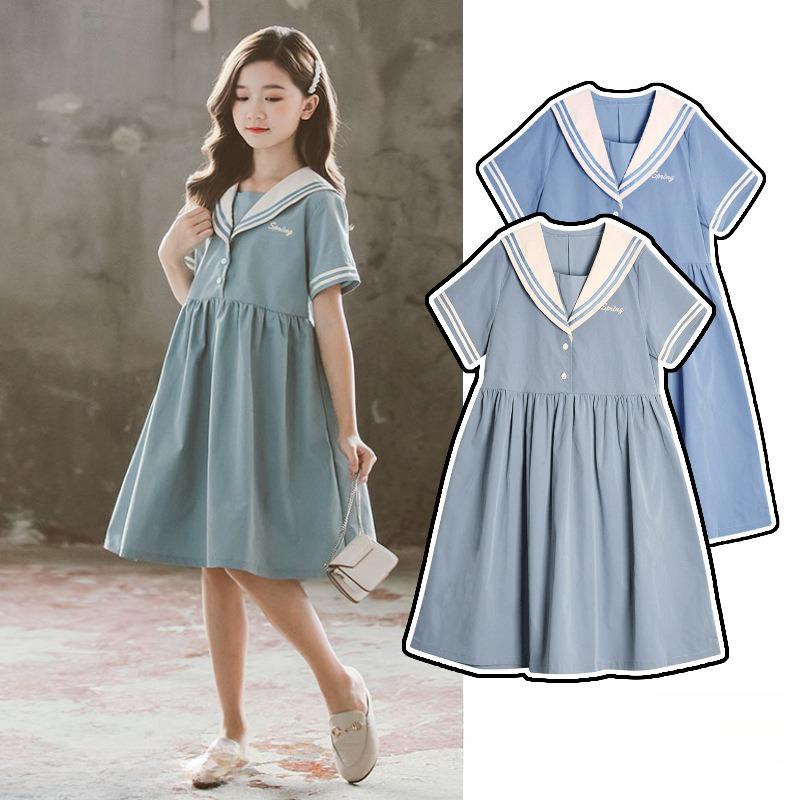 Весна и лето Новое платье принцессы с коротким рукавом и воротником для девочек