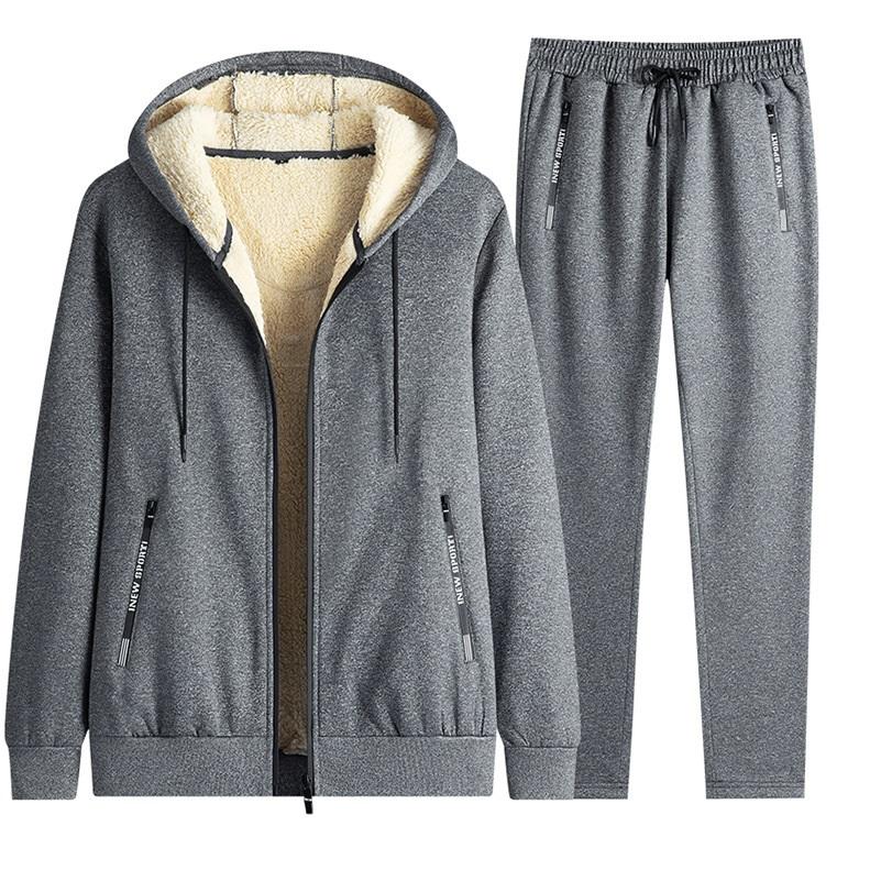Осенне-зимняя мужская утепленная толстовка с капюшоном на флисовой подкладке, повседневные брюки, свободный костюм из овечьей шерсти и бархата