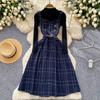 Fall Winter Women Sweater Dress Set Casual Knitted Pullover Tops + Plaid Tweed Dress 2 Piece Outfits Female With Belt