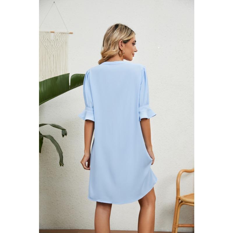 YYFS Women's Fashion Summer Spring Solid Color Print Short Sleeve V-Neck Loose Waistline Casual Dresses