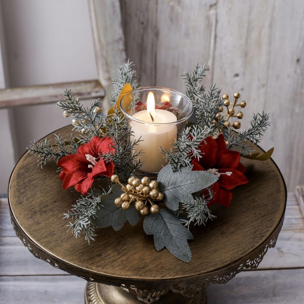 Christmas Candlestick Wreath Red Fruit Artificial Flowers Candle Ring Xmas New Year Table Decoration Candle Holder Garland