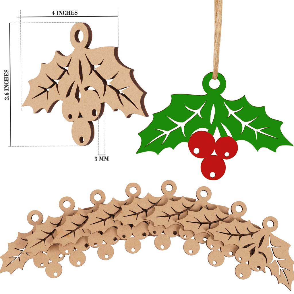 Inkdotpot 40 шт. Деревянное украшение в виде омелы с отверстиями 3,5 дюйма, необработанные предварительно просверленные натуральные деревянные рождественские украшения, подвесные веревки