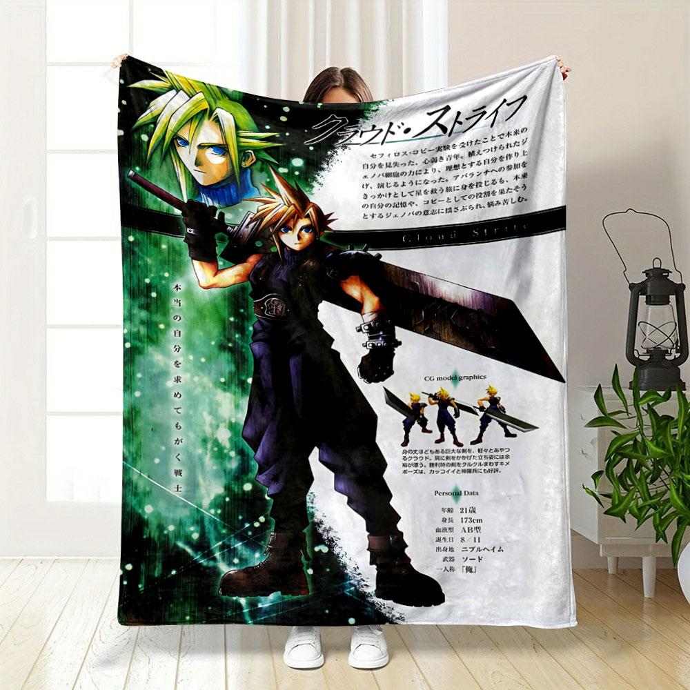A character holding a large sword, with a green glowing background. for all seasons blanket lunch break throw gift