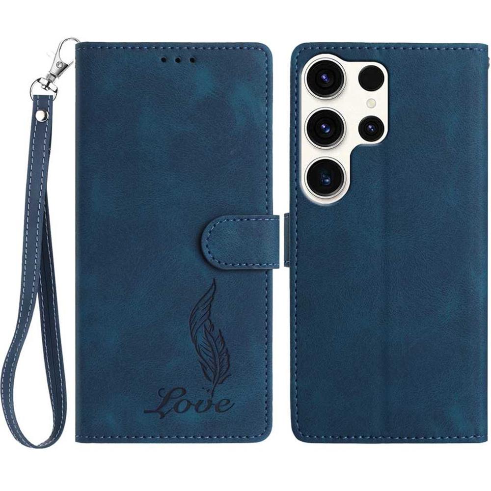 For Samsung Galaxy S25 Ultra Case Imprinted Feather PU Leather Wallet Phone Cover with Wrist Strap