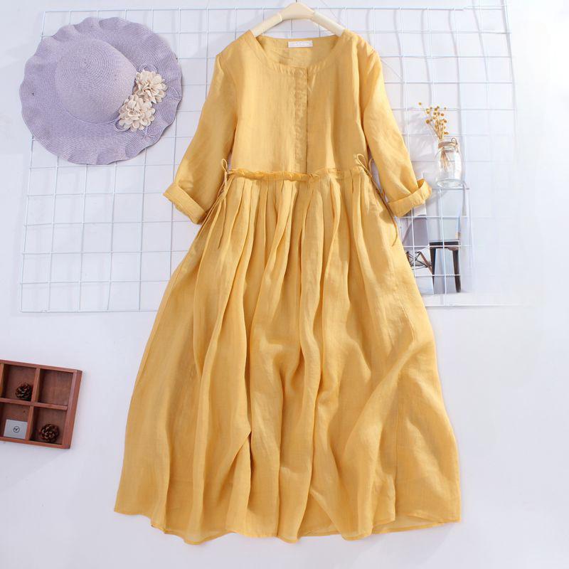 Весенне-летнее женское платье с длинными рукавами из хлопка и льна, средней длины, с круглым вырезом