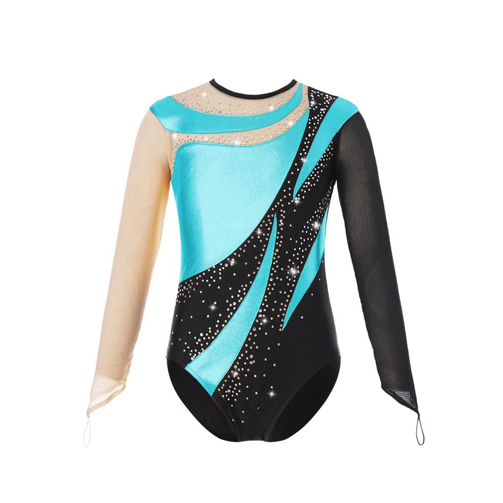 Kids Girls Shiny Gymnastic Leotard Bodysuit Mesh Long Sleeve Keyhole Back Metallic Ice Skating Jumpsuit