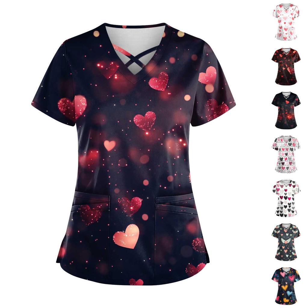 Женский топ с коротким рукавом и V-образным вырезом, принтом ко Дню святого Валентина, карманом Dry-nurse
