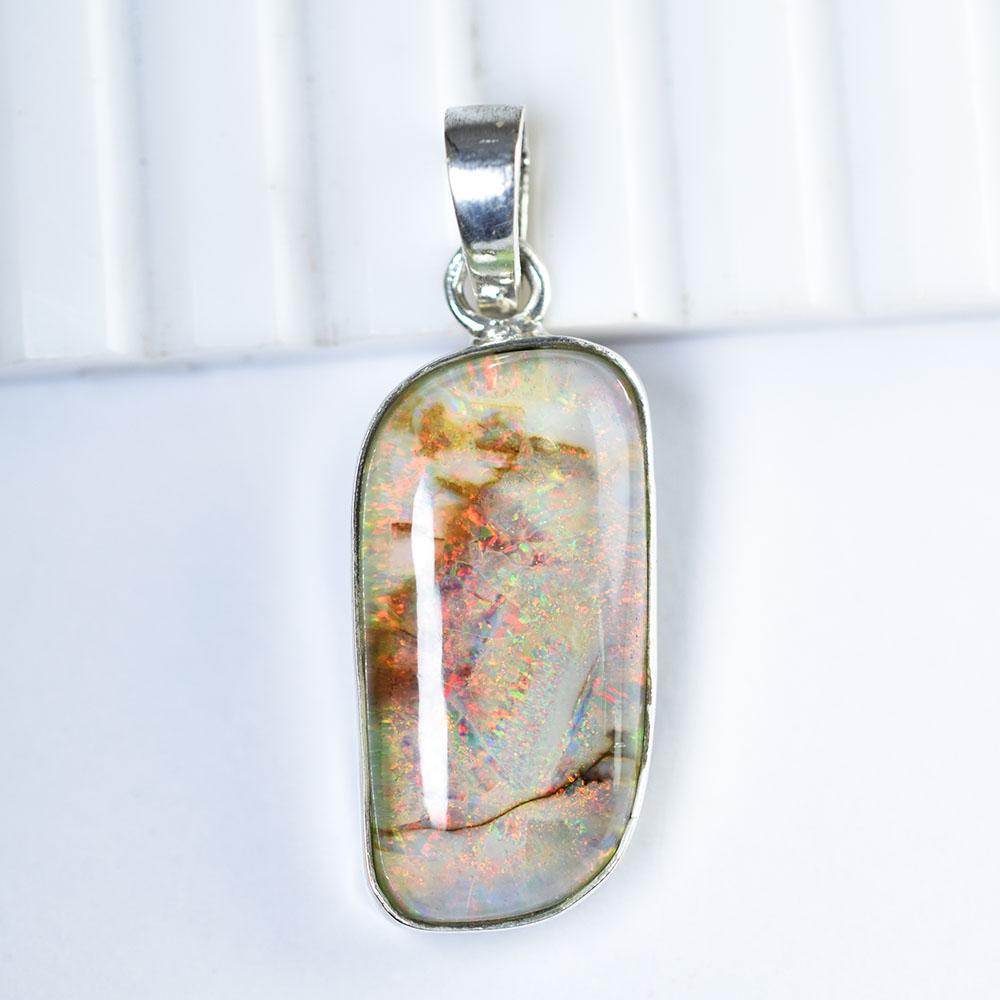 Natural Opal Pendant 25 ct Multicolor 925 Sterling Silver Gift for Her October Birthday Birthstone