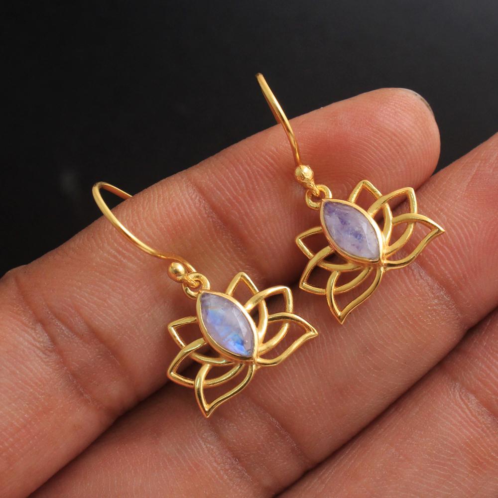 Серьги-лотосы из желтого золота с лунным камнем, ювелирные изделия ручной работы из стерлингового серебра 925 пробы